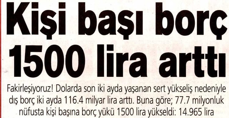 Kişi başı borç 1500 lira arttı – Posta 21.08.2015